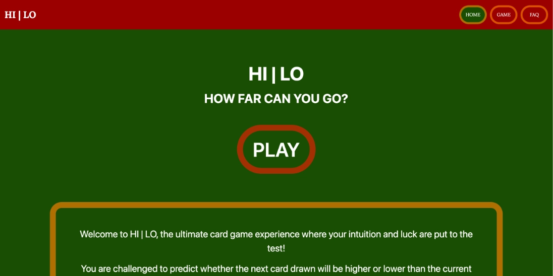 The Hi|Lo card game interface mid-round